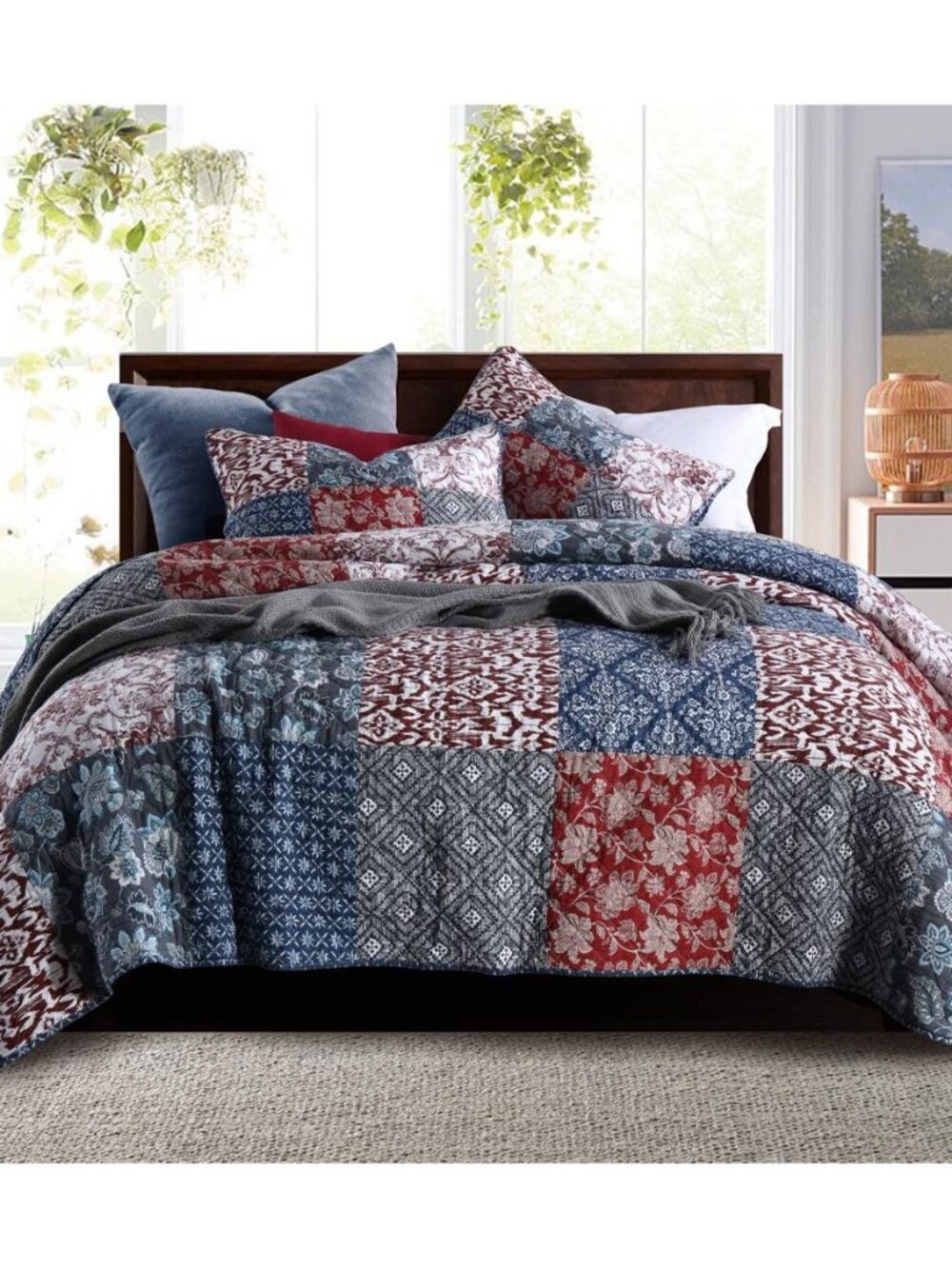 Queen Comforter Set for Bed - 100% Cotton Quilts Queen Size, Burgundy Bedspreads